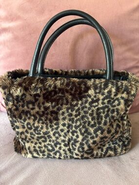 Leopard Print Faux Fur Tote with Black Handles
